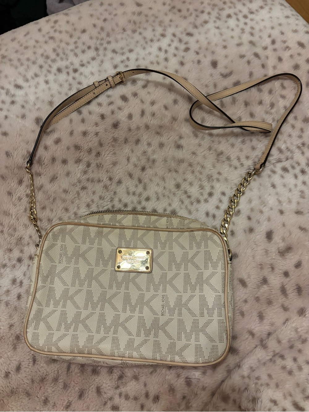 Michael Kors Beige Cream Logo large Crossbody Bag with Gold Hardware